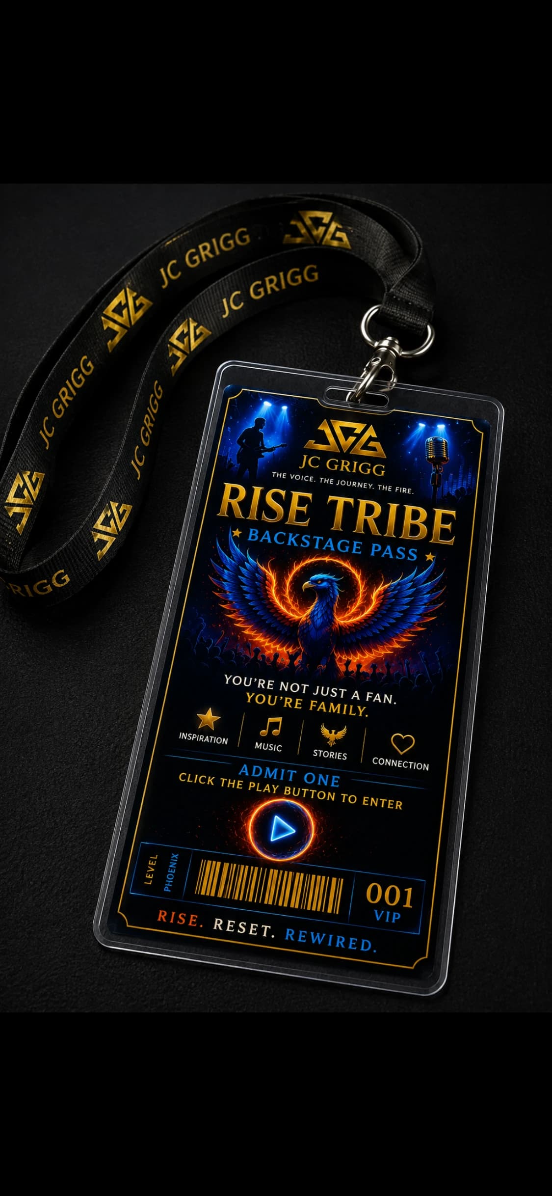 JC Grigg Rise Tribe Backstage Pass, a black lanyard with a clear badge holder