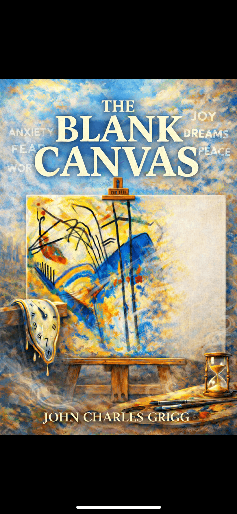 The Blank Canvas book cover — easel with clock and hourglass by John Charles Grigg
