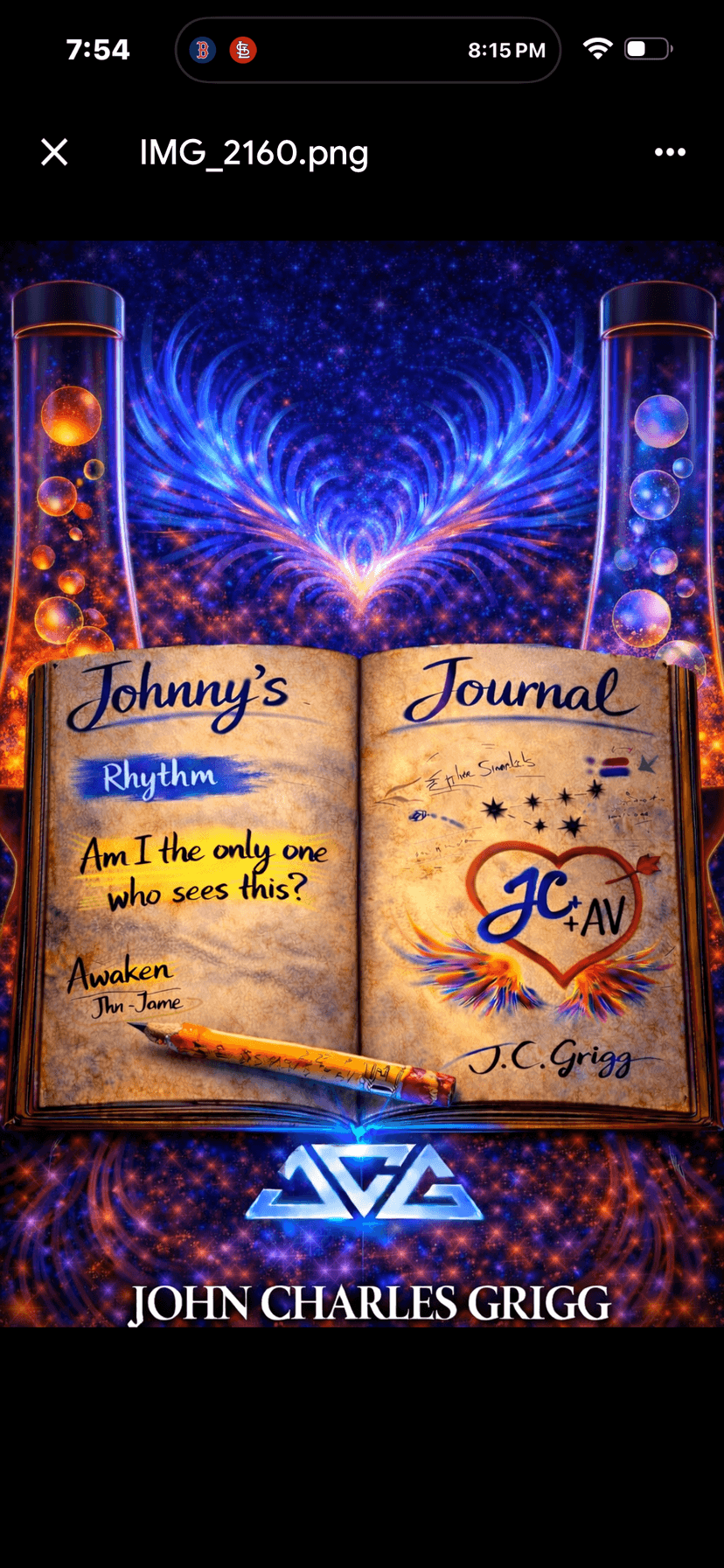 Johnny's Journal cover art — open journal with phoenix wings and mystical atmosphere