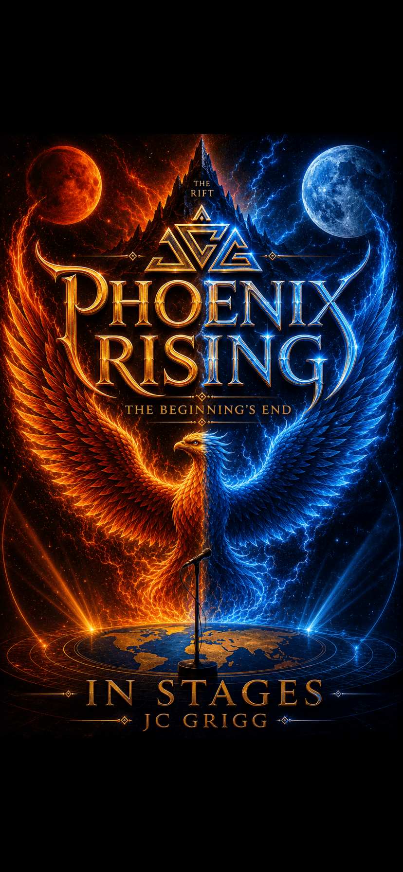 Phoenix Rising: The Beginning's End book cover — two phoenixes rising from a globe with a microphone, IN STAGES by JC Grigg
