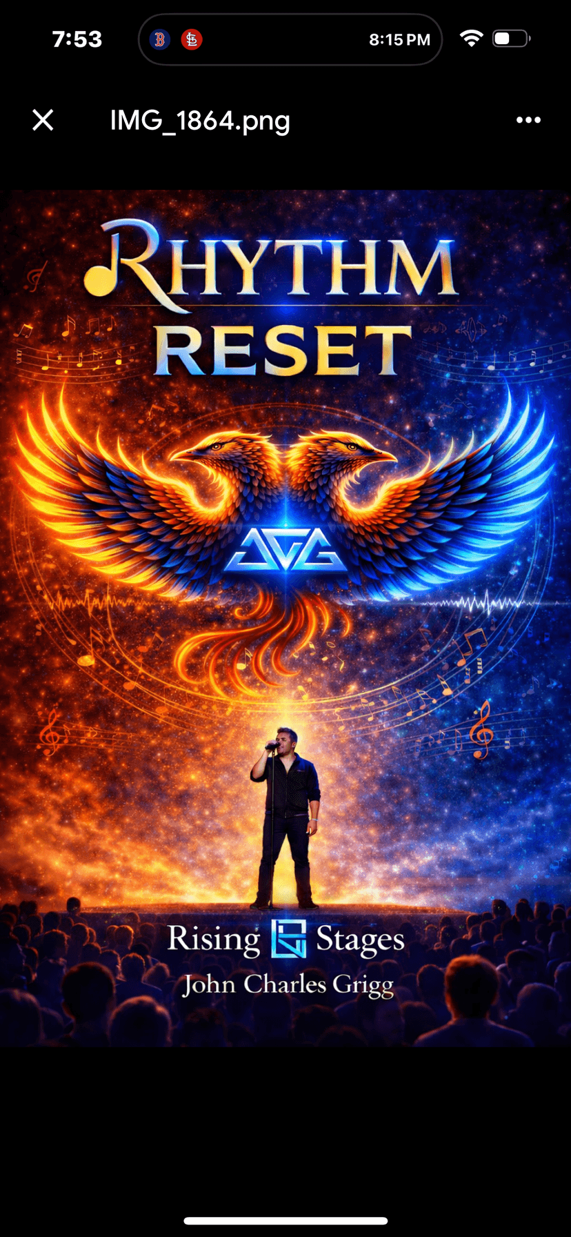 Rhythm Reset: Rising Stages book cover with phoenix wings and JC Grigg performing