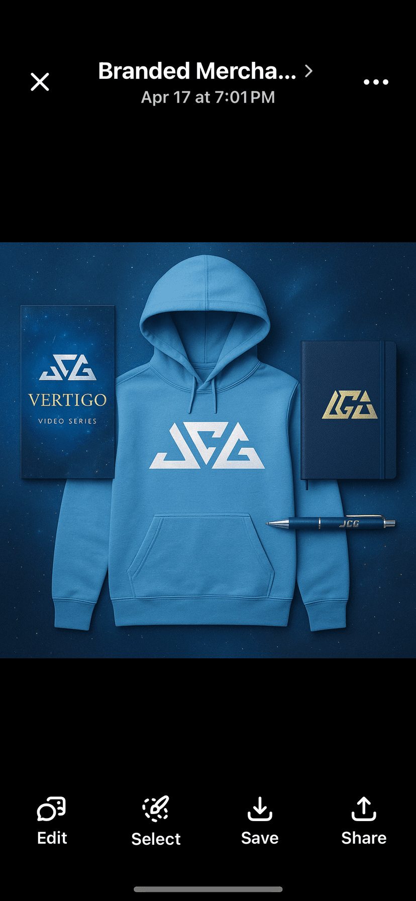 JCG Vertigo Series β blue hoodie with branded notebooks and pen
