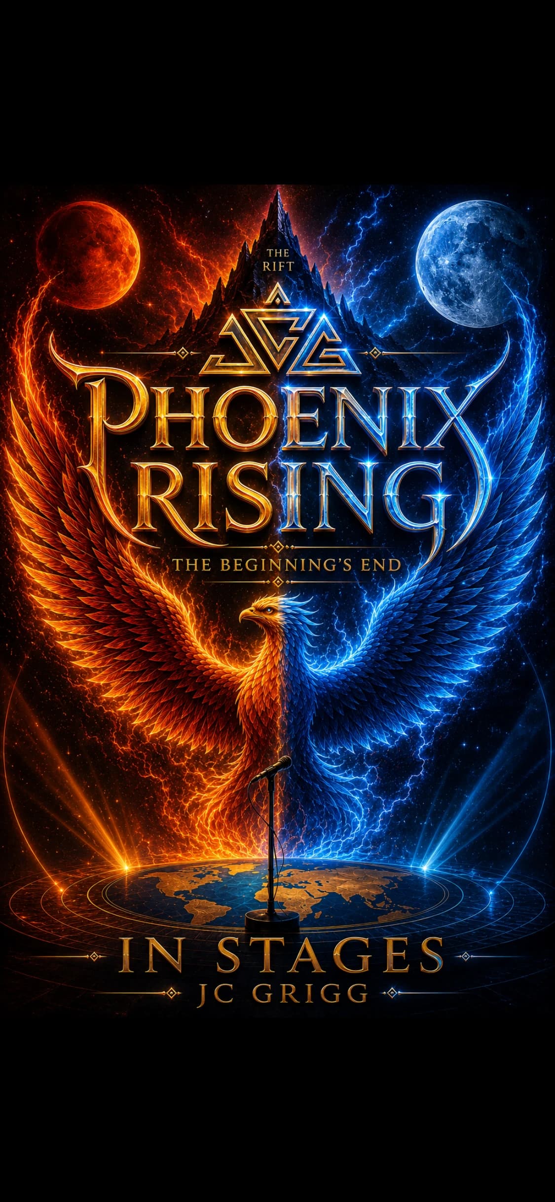 Phoenix Rising: The Beginning's End, projected across a live stage backdrop