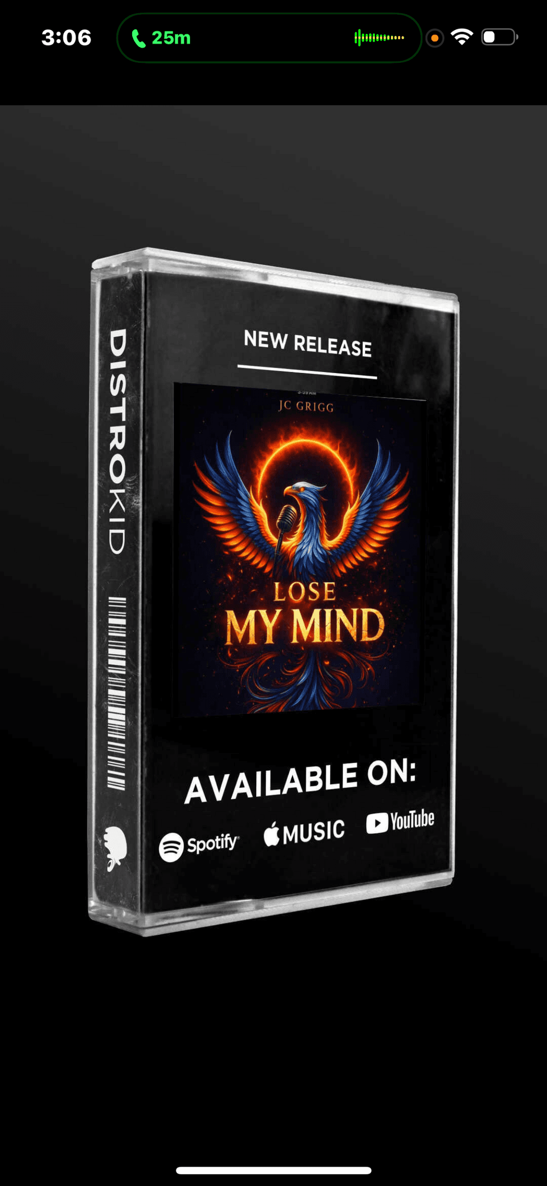 Lose My Mind by JC Grigg β cassette mockup showing Spotify, Apple Music, YouTube
