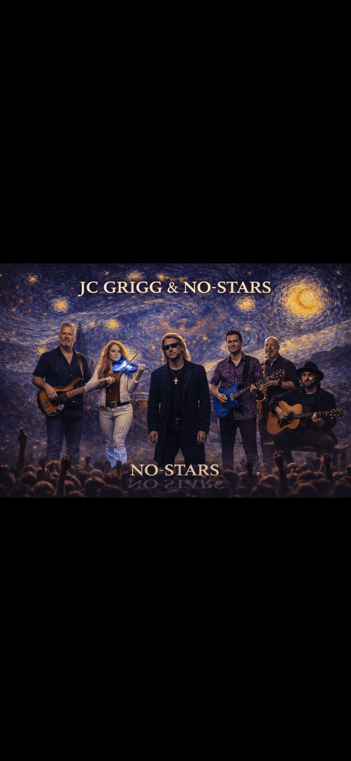 JC Grigg & No-Stars β full band promo photo with Starry Night backdrop