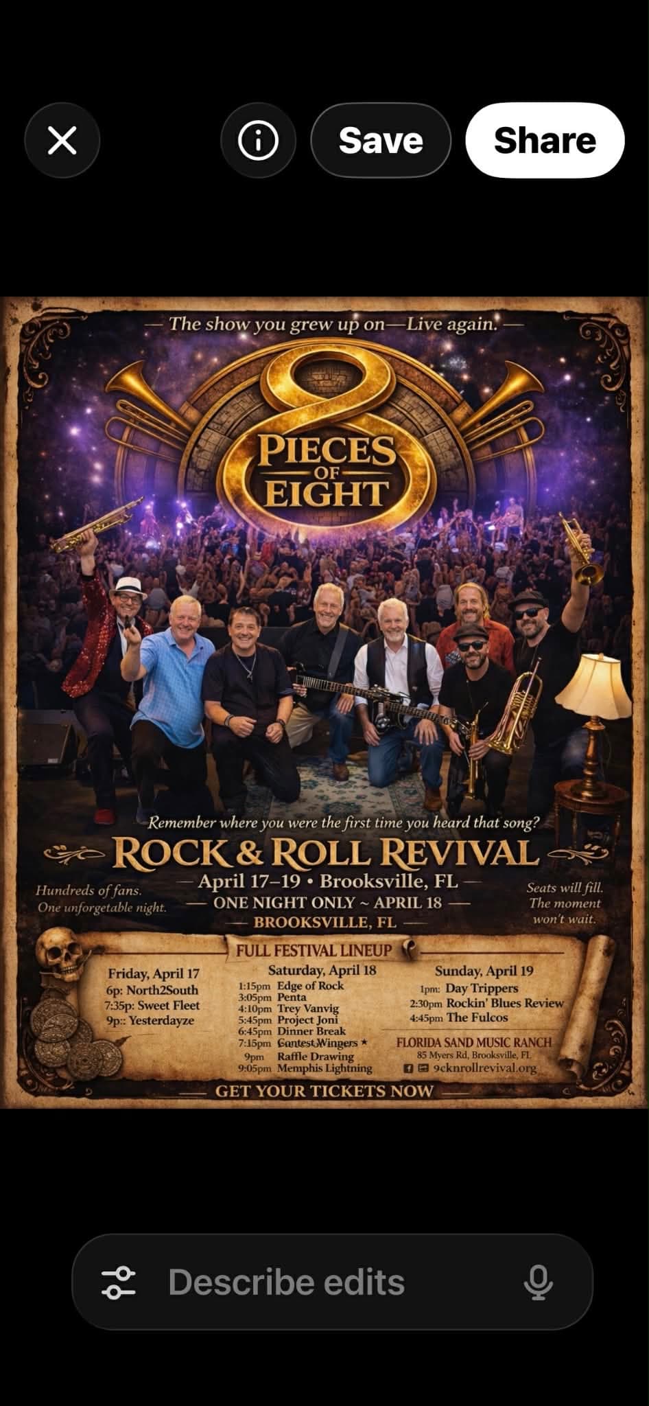 Pieces of Eight Rock Revival Festival β Brooksville FL β full band festival poster