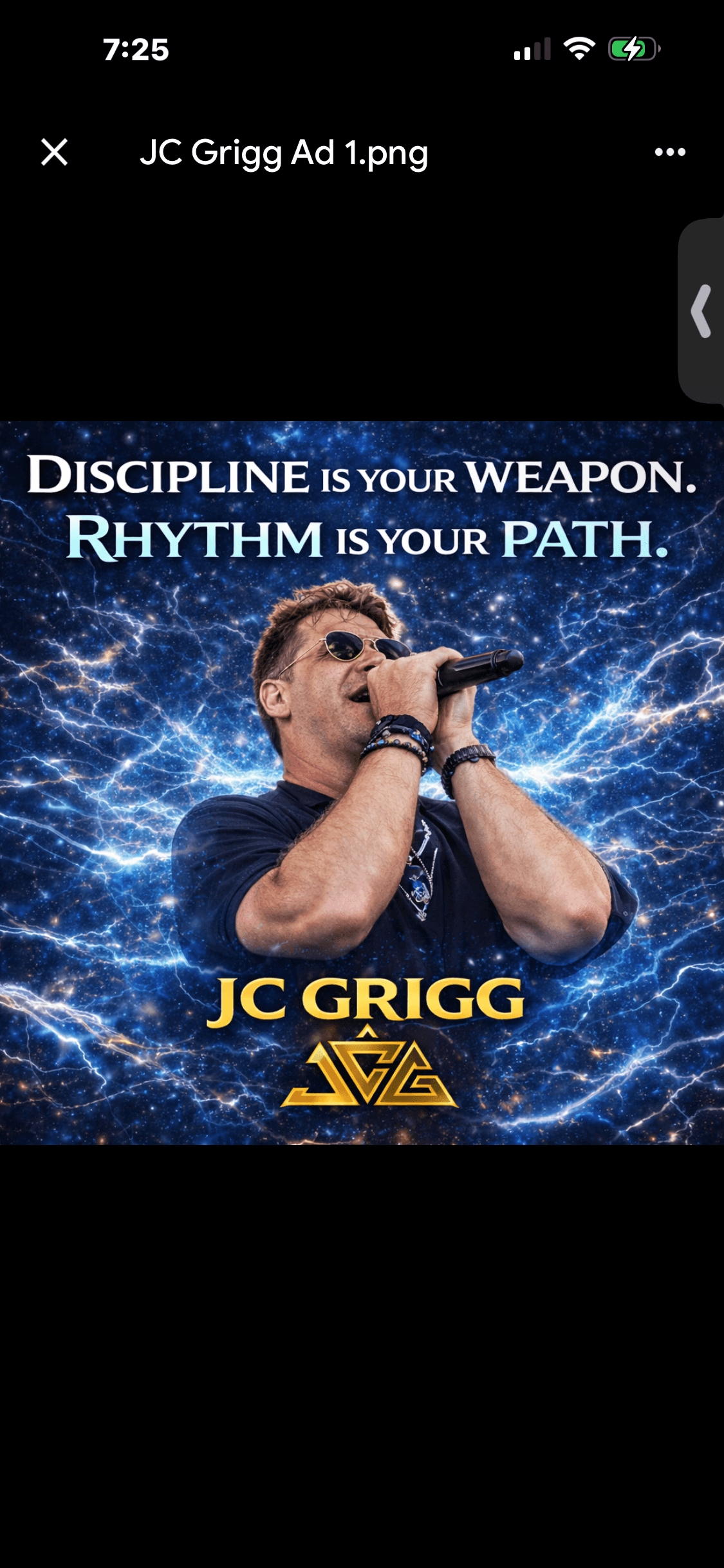 JC Grigg performing with electric blue lightning — Discipline is your weapon. Rhythm is your path.