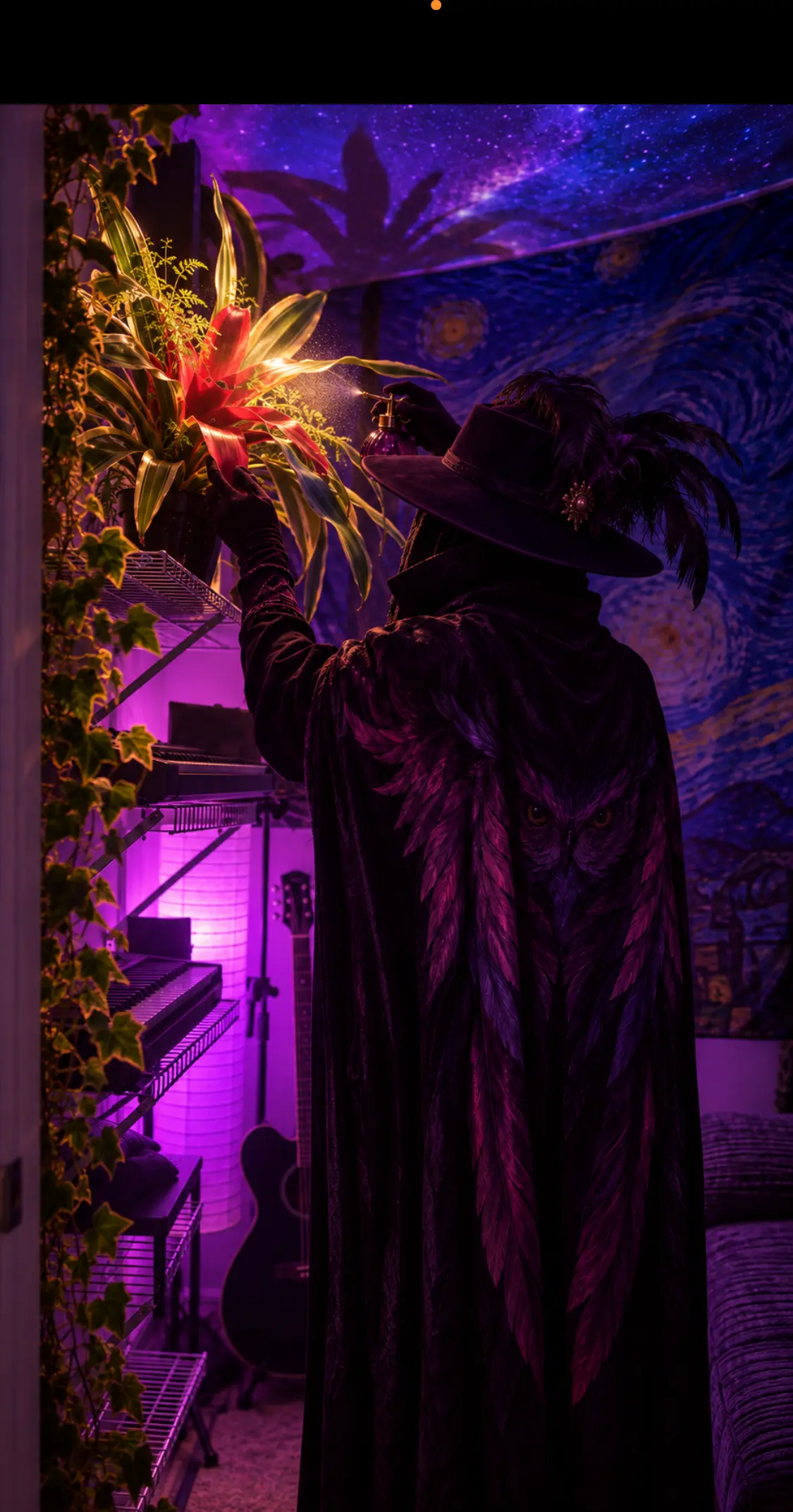 Close view of a hand reaching into a glowing bromeliad plant under purple light, starry night mural in the background