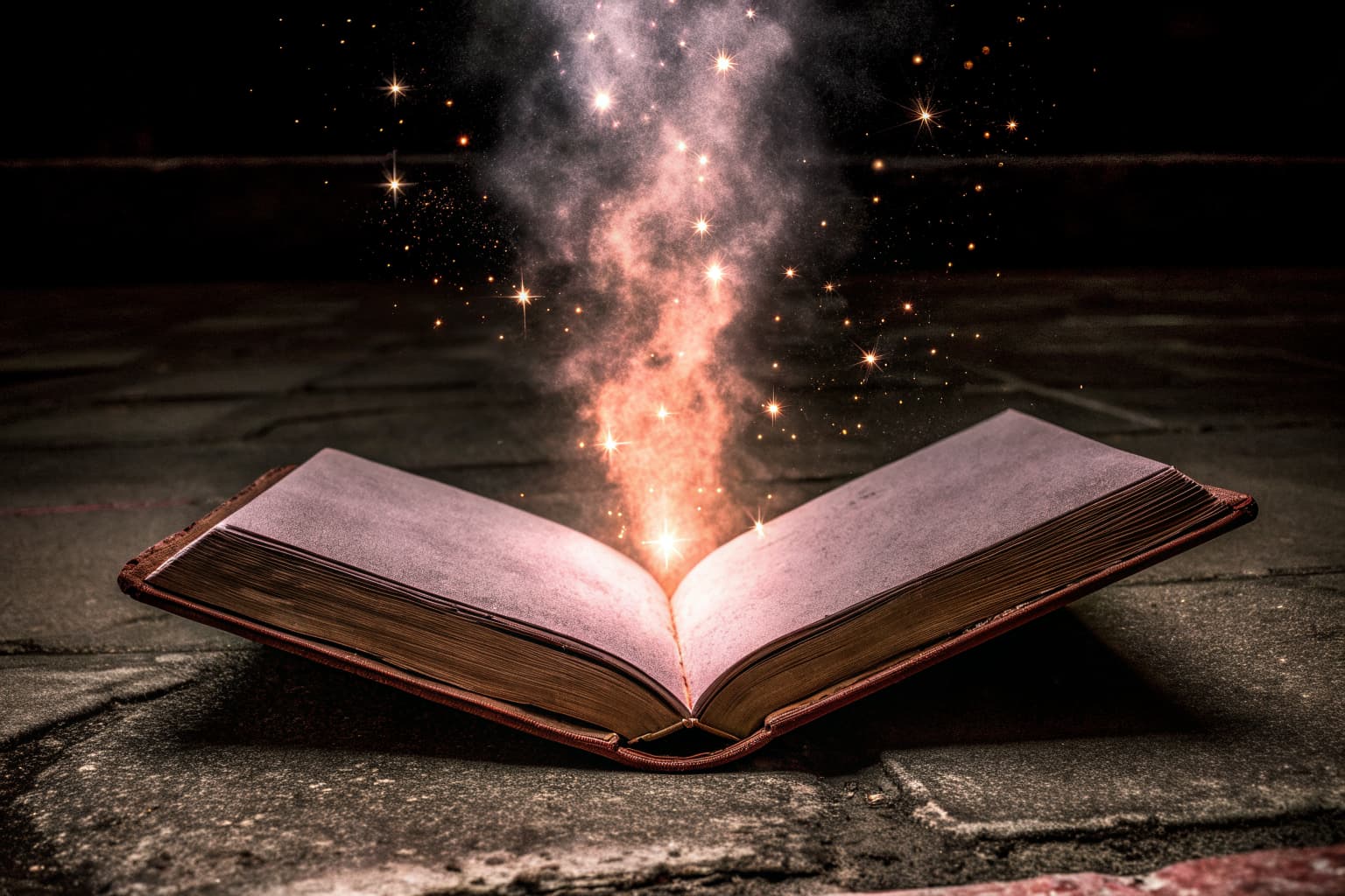 An old journal glowing with violet and orange light spilling from its open pages in the dark