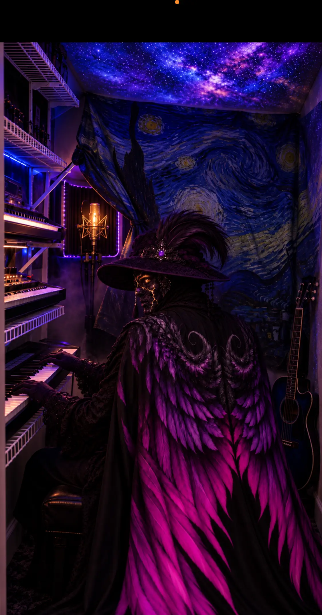 Figure in a feathered cape and wide-brim hat seated at a keyboard in a purple-lit studio with a starry night mural and microphone