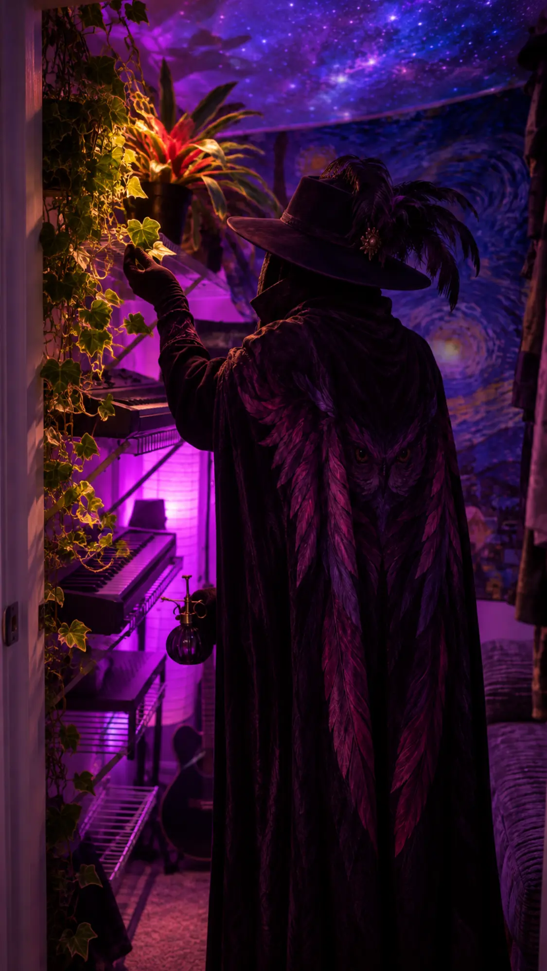 Figure in a feathered cape reaching toward a glowing plant in an ivy-framed doorway, starry night mural behind